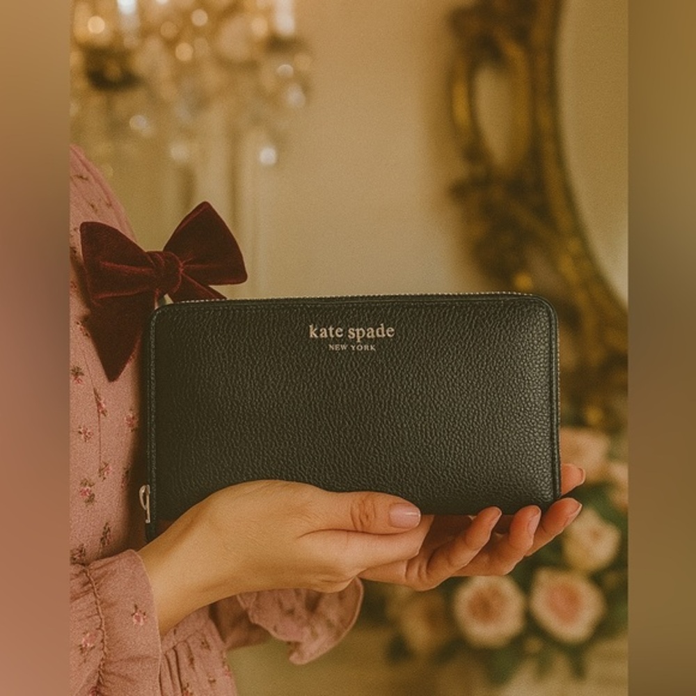 Kate Spade New York Black Slim Continental Wallet Pebbled Leather Zip Around NWT